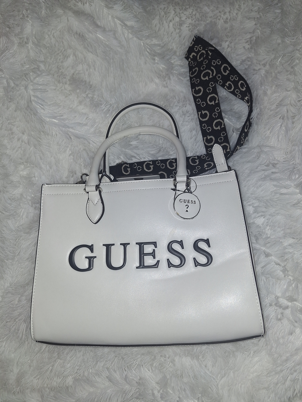GUESS White Satchel with Black Logo and Printed Strap